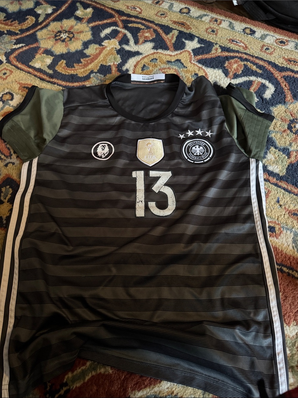 adidas Men's Black and Olive Germany Soccer Jersey #13
